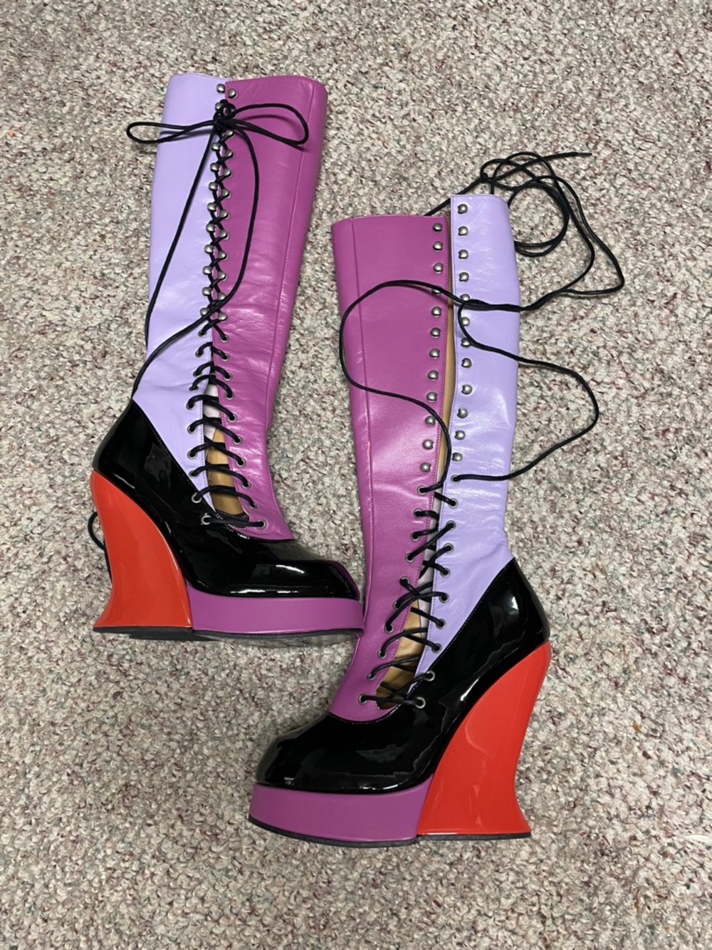 John fluevog grand national purple/Black Lace-Up Wedge Boots with Red Heel - Picture 2 of 11